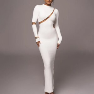 Mozision Turtleneck Long Sleeve Bodycon Maxi Dress For Women Autumn New Patchwork Hollow Out Club Party Sexy Long Dress Vestidos