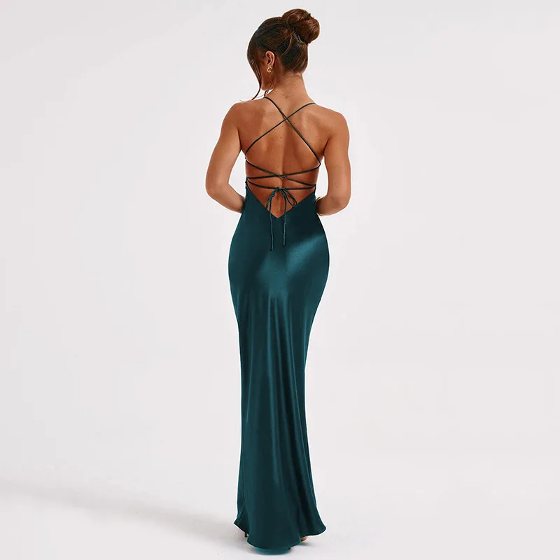 Articat Sexy Spaghetti Strap Bodycon Satin Dress With Open Back Lace Up Female Long Dress Elegant Party Club Evening Dress 2024 Articat Sexy Spaghetti Strap Bodycon Satin Dress With Open Back Lace Up Female Long Dress Elegant Party Club Evening Dress 2024