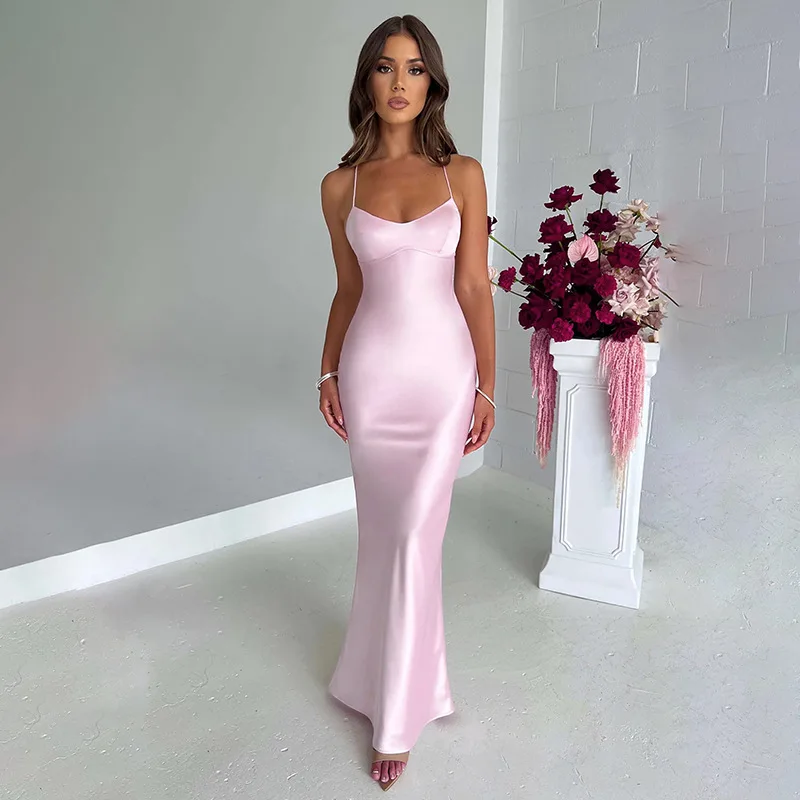 Articat Sexy Spaghetti Strap Bodycon Satin Dress With Open Back Lace Up Female Long Dress Elegant Party Club Evening Dress 2024 Articat Sexy Spaghetti Strap Bodycon Satin Dress With Open Back Lace Up Female Long Dress Elegant Party Club Evening Dress 2024