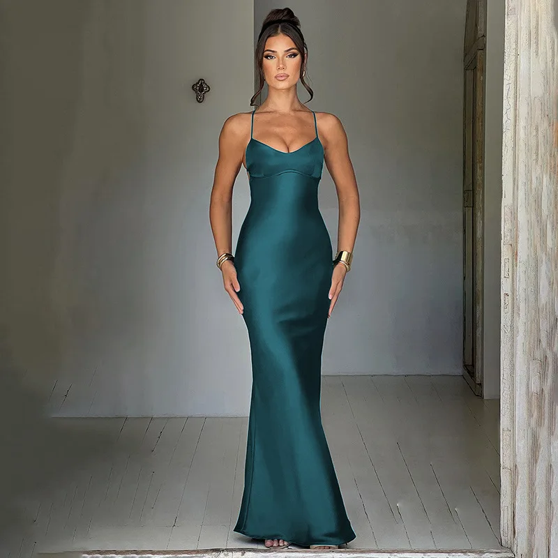 Articat Sexy Spaghetti Strap Bodycon Satin Dress With Open Back Lace Up Female Long Dress Elegant Party Club Evening Dress 2024 Articat Sexy Spaghetti Strap Bodycon Satin Dress With Open Back Lace Up Female Long Dress Elegant Party Club Evening Dress 2024