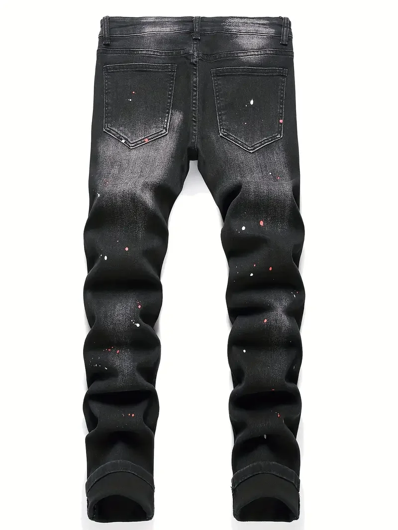 Men y2k Stretchy Denim jeans Ripped Skinny Letter Print elastic waist Casual pants for men Hole Slim Fit Denim Hip Hop Trousers