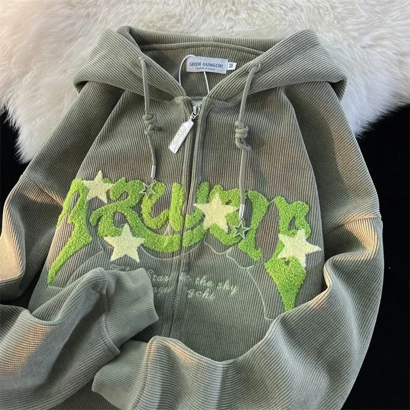 Fashion Embroidery Zip Up Hoodies Women Autumn Long Sleeve Tops Loose Hood Shirt Harajuku Y2K Clothes Female Sweatshirt Jacket - Image 2