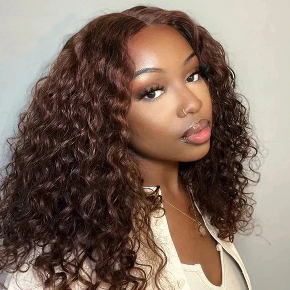 Brown kinky Curly Short Bob Wig 13x4 Bob Wigs Brazilian Water Deep Wave Human Hair Wig Preplucked For Woman Short Pixie #4 Color