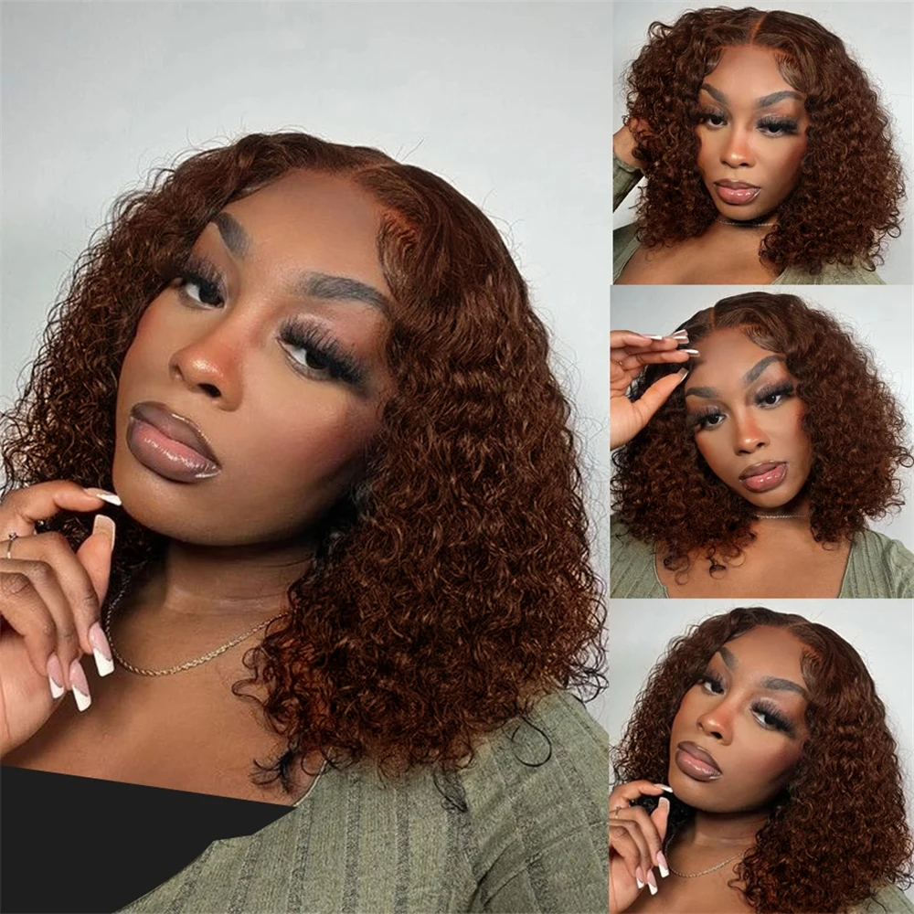 Brown kinky Curly Short Bob Wig 13x4 Bob Wigs Brazilian Water Deep Wave Human Hair Wig Preplucked For Woman Short Pixie #4 Color