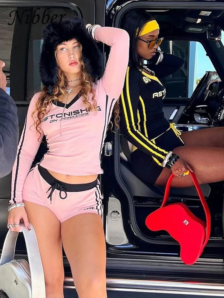Nibber Women Tracksuit 2 Piece Set Stroke Tight Hipster Letter Print Sporty Casual Crop Tops+Shorts Vitality Matching Outfits