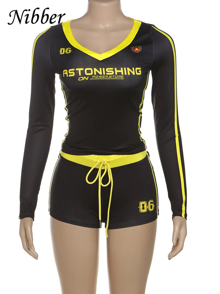 Nibber Women Tracksuit 2 Piece Set Stroke Tight Hipster Letter Print Sporty Casual Crop Tops+Shorts Vitality Matching Outfits