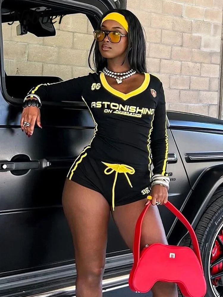 Nibber Women Tracksuit 2 Piece Set Stroke Tight Hipster Letter Print Sporty Casual Crop Tops+Shorts Vitality Matching Outfits