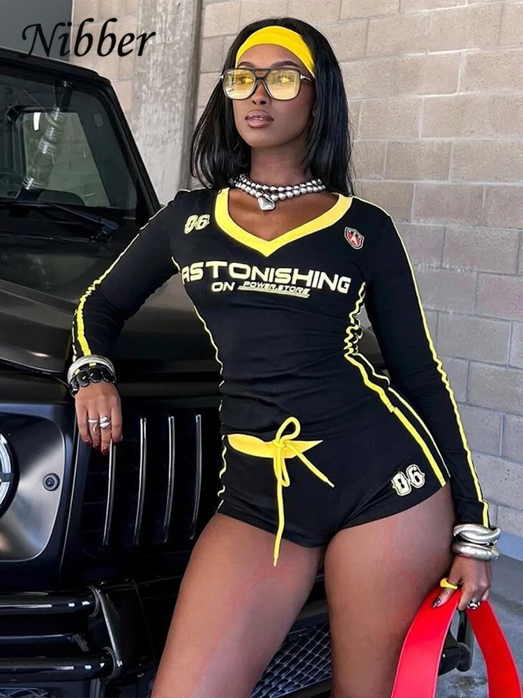 Nibber Women Tracksuit 2 Piece Set Stroke Tight Hipster Letter Print Sporty Casual Crop Tops+Shorts Vitality Matching Outfits