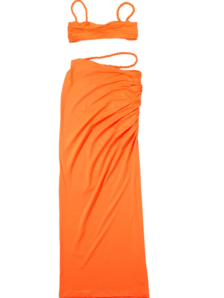 Beyprern Making Wishes Skirt Set Women Ruched Two-Piece Dress Summer Orange Bandage Maxi Skirt Set Vacation Outfits Clubwear Beyprern Making Wishes Skirt Set Women Ruched Two-Piece Dress Summer Orange Bandage Maxi Skirt Set Vacation Outfits Clubwear