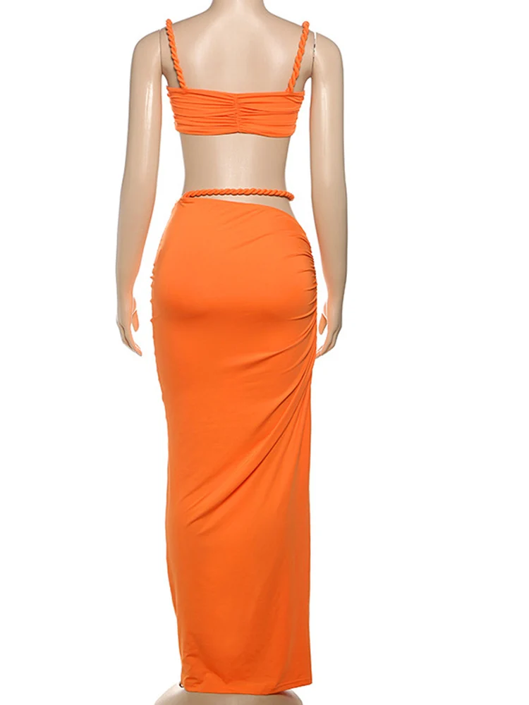 Beyprern Making Wishes Skirt Set Women Ruched Two-Piece Dress Summer Orange Bandage Maxi Skirt Set Vacation Outfits Clubwear Beyprern Making Wishes Skirt Set Women Ruched Two-Piece Dress Summer Orange Bandage Maxi Skirt Set Vacation Outfits Clubwear