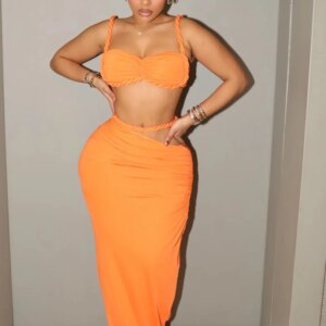 Beyprern Making Wishes Skirt Set Women Ruched Two-Piece Dress Summer Orange Bandage Maxi Skirt Set Vacation Outfits Clubwear