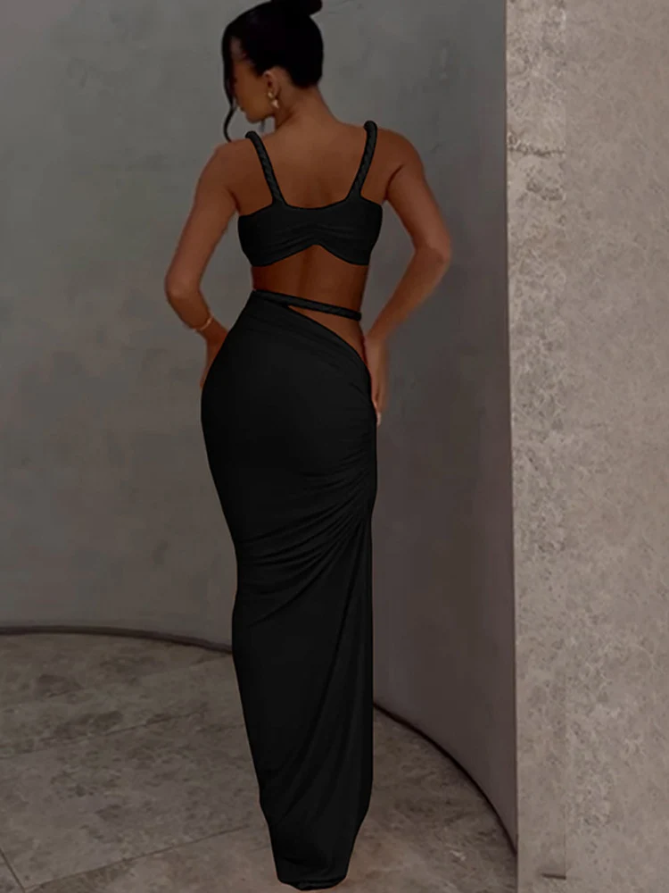 Beyprern Making Wishes Skirt Set Women Ruched Two-Piece Dress Summer Orange Bandage Maxi Skirt Set Vacation Outfits Clubwear - Image 3