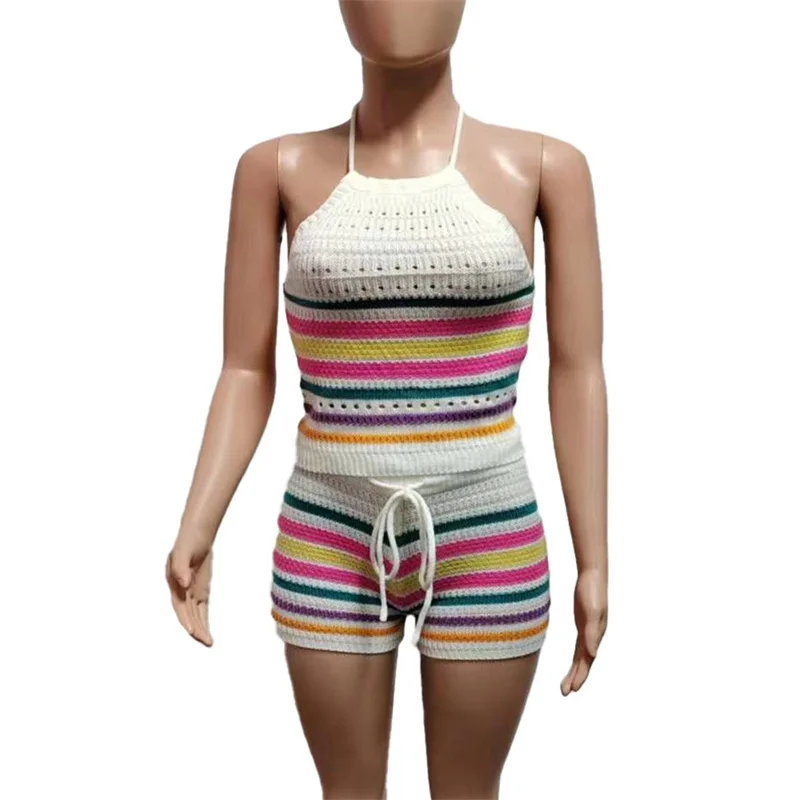 Women Suits Hhanging Neck Lace-up Sleeveless Backless Tops Female Casual Knitted Rainbow Stripes Two Piece Sets Slim Fit Shorts