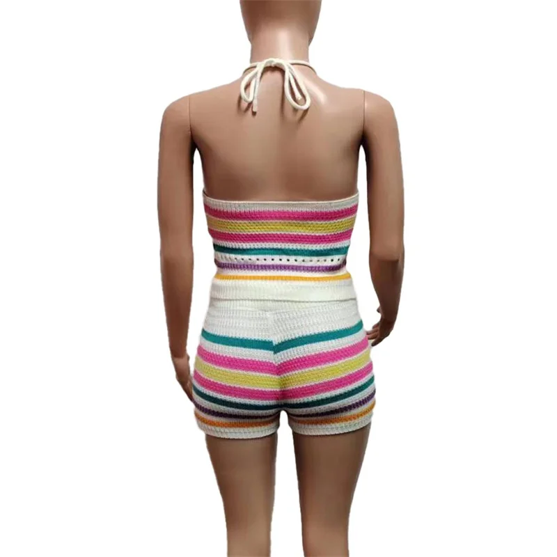 Women Suits Hhanging Neck Lace-up Sleeveless Backless Tops Female Casual Knitted Rainbow Stripes Two Piece Sets Slim Fit Shorts