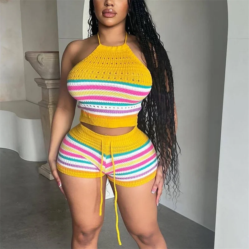 Women Suits Hhanging Neck Lace-up Sleeveless Backless Tops Female Casual Knitted Rainbow Stripes Two Piece Sets Slim Fit Shorts - Image 6