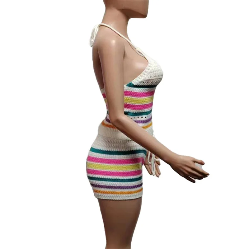 Women Suits Hhanging Neck Lace-up Sleeveless Backless Tops Female Casual Knitted Rainbow Stripes Two Piece Sets Slim Fit Shorts