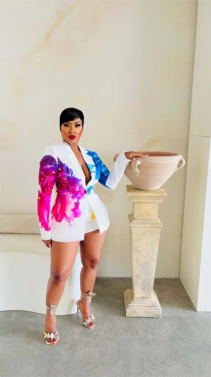 Floral Print 2 Piece Sets Women Outfit Y2K Clothes Elegant Blazer Coat and Short Suits Club Party Matching Sets Conjuntos Curtos
