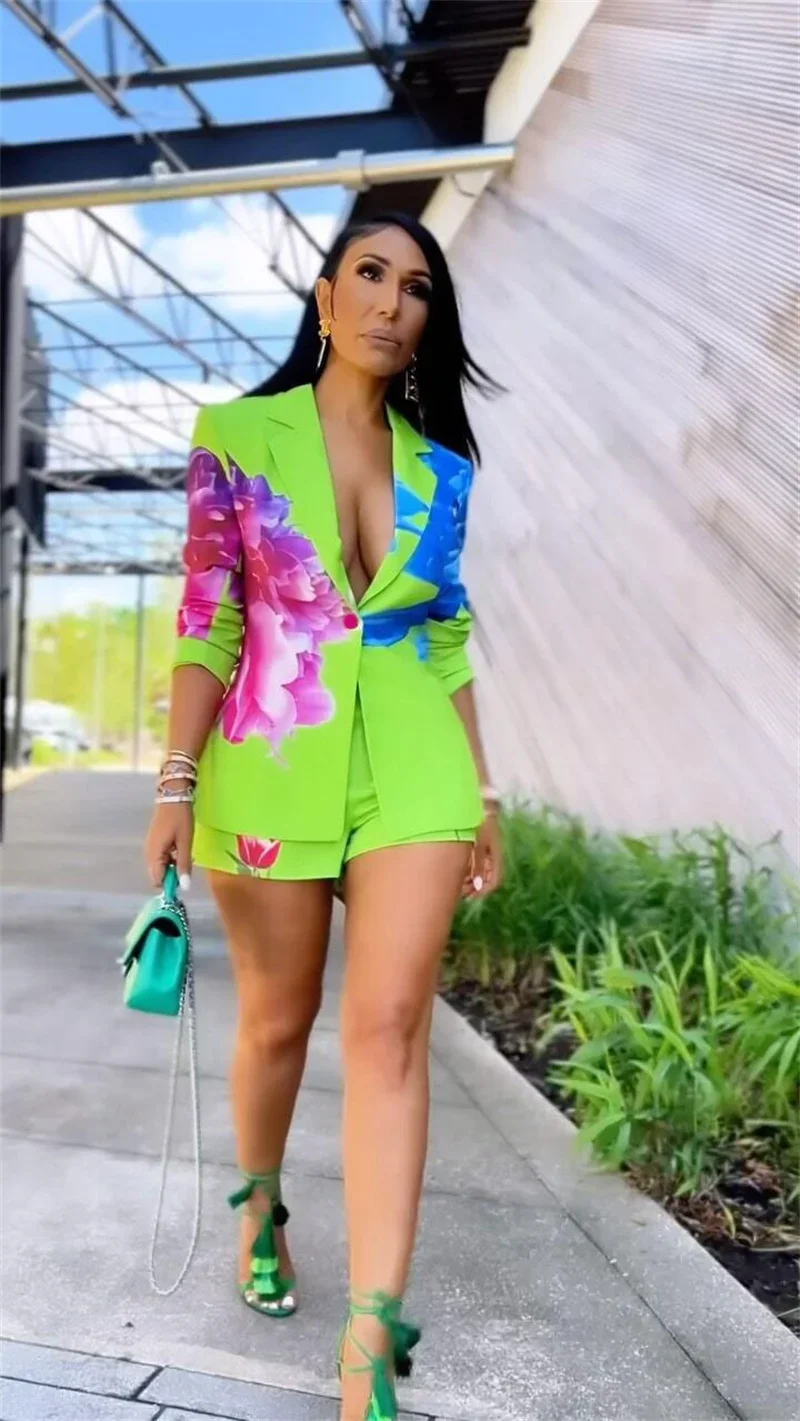 Floral Print 2 Piece Sets Women Outfit Y2K Clothes Elegant Blazer Coat and Short Suits Club Party Matching Sets Conjuntos Curtos