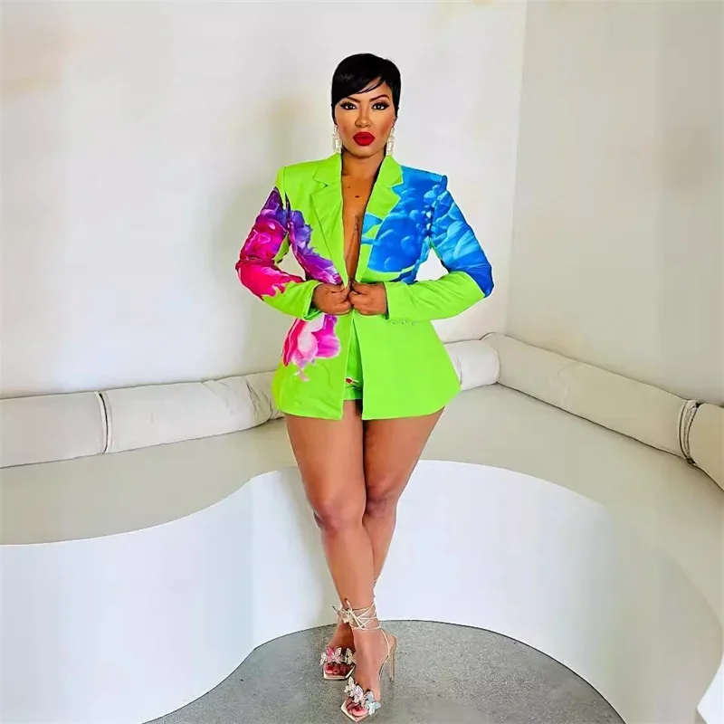 Floral Print 2 Piece Sets Women Outfit Y2K Clothes Elegant Blazer Coat and Short Suits Club Party Matching Sets Conjuntos Curtos