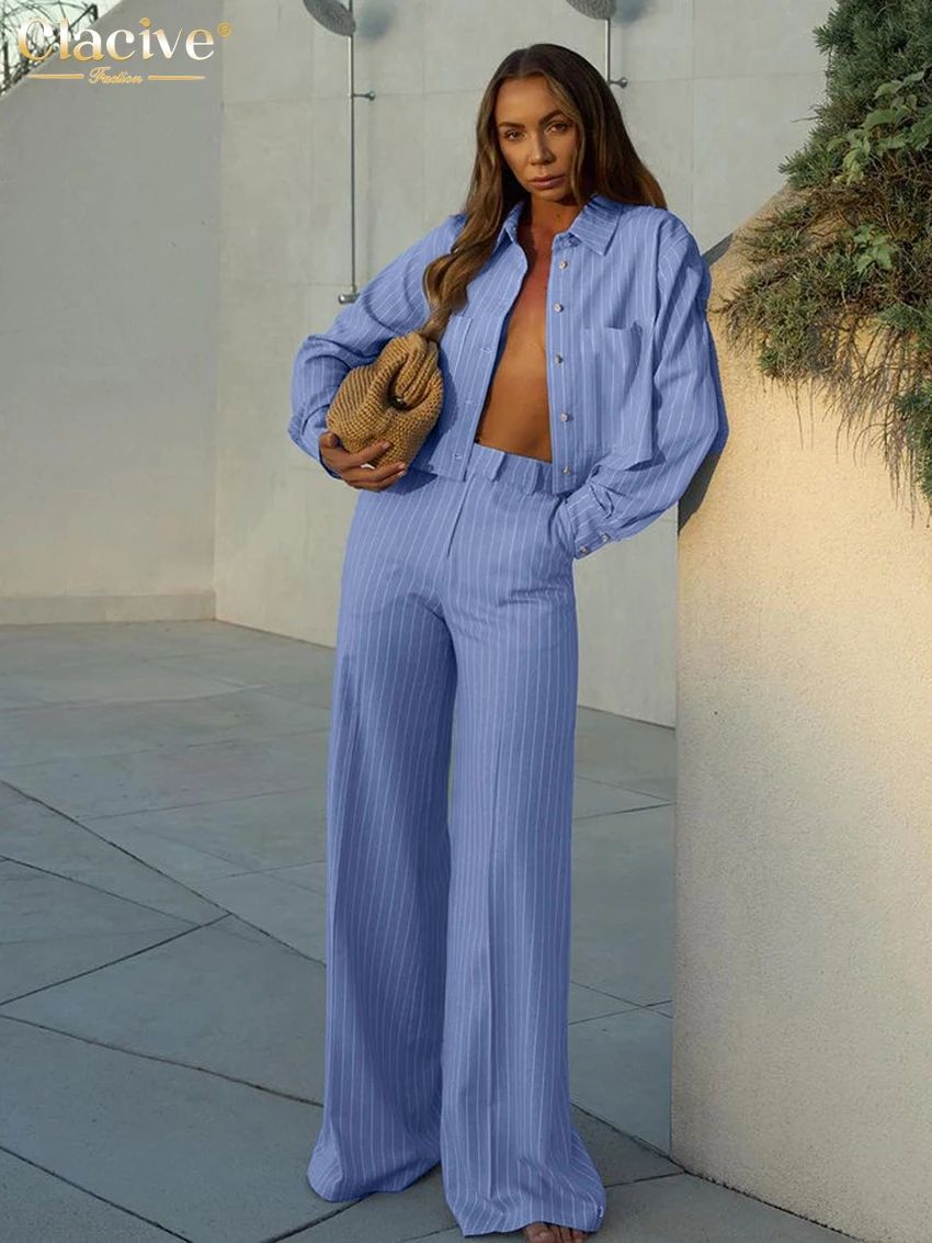 Clacive Fashion Loose Blue Stripe Cotton 2 Piece Sets Women Outfit 2025 Elegant Long Sleeve Shirt With High Waist Wide Pants Set
