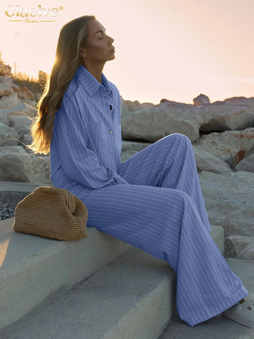 Clacive Fashion Loose Blue Stripe Cotton 2 Piece Sets Women Outfit 2025 Elegant Long Sleeve Shirt With High Waist Wide Pants Set