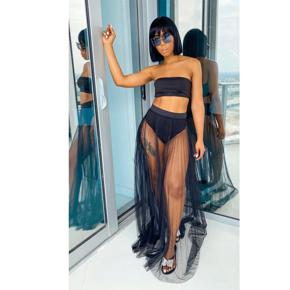 BKLD 2025 New Summer Beach Outfits Sexy Neon Clothes Strapless Crop Top Mesh Pleated Skirt Women Two Piece Sets Party Clubwear