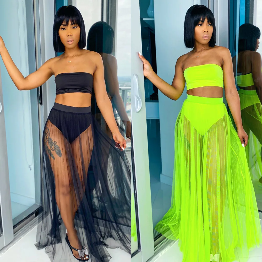 BKLD 2025 New Summer Beach Outfits Sexy Neon Clothes Strapless Crop Top Mesh Pleated Skirt Women Two Piece Sets Party Clubwear