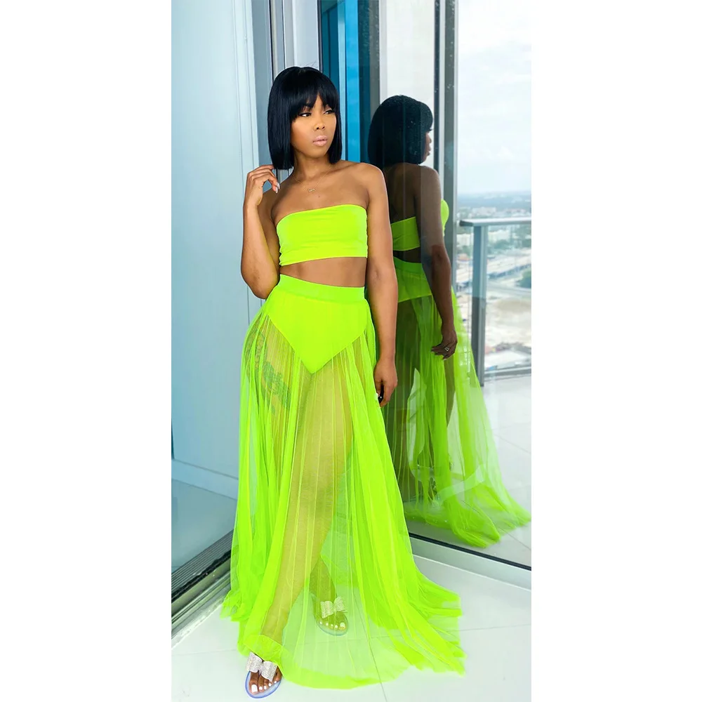BKLD 2025 New Summer Beach Outfits Sexy Neon Clothes Strapless Crop Top Mesh Pleated Skirt Women Two Piece Sets Party Clubwear
