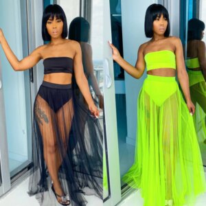 BKLD 2025 New Summer Beach Outfits Sexy Neon Clothes Strapless Crop Top Mesh Pleated Skirt Women Two Piece Sets Party Clubwear