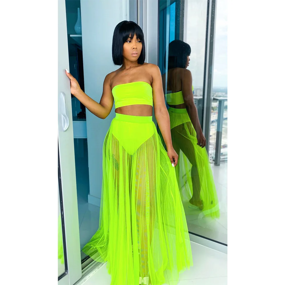 BKLD 2025 New Summer Beach Outfits Sexy Neon Clothes Strapless Crop Top Mesh Pleated Skirt Women Two Piece Sets Party Clubwear