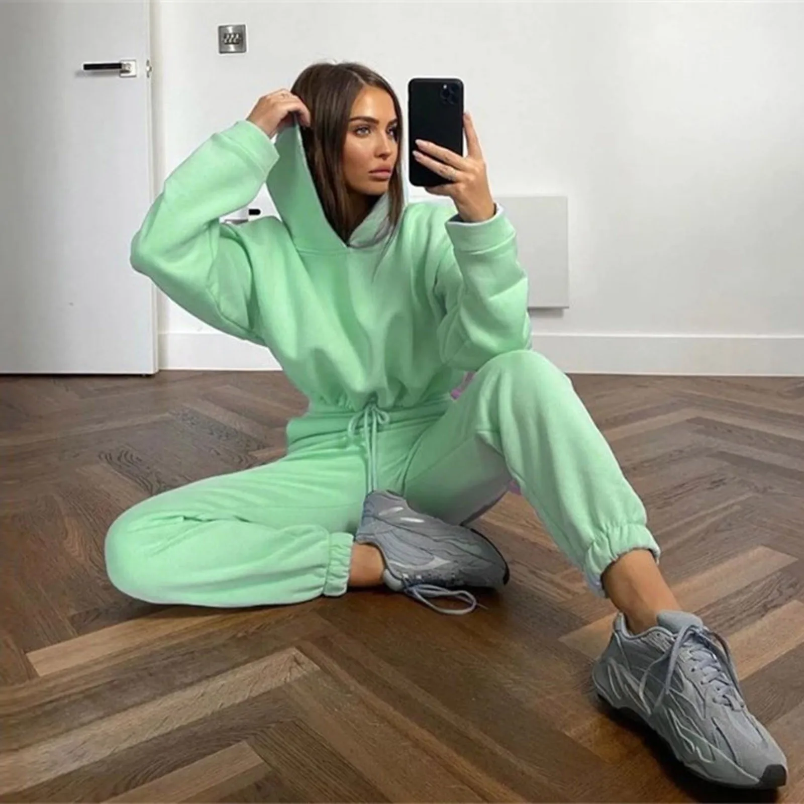 Winter Tracksuit Women Two Piece Set - Oversized Hoodie Sweatpants Solid Color Sportswear Suit |Casual Sweatshirt Trouser Set