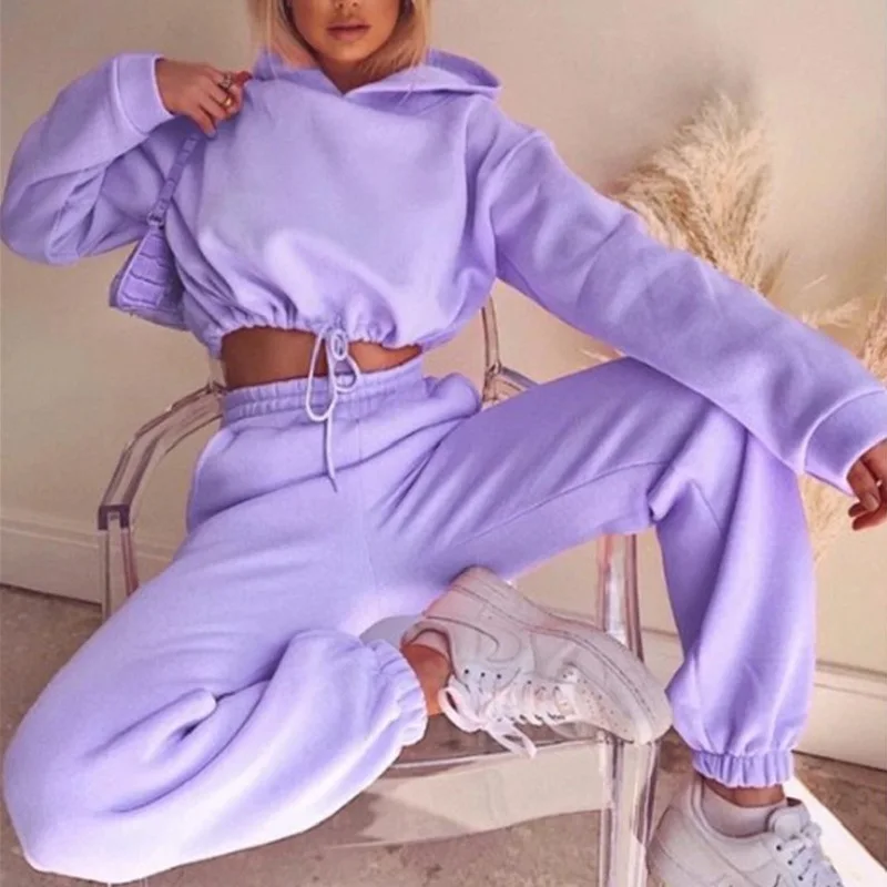 Winter Tracksuit Women Two Piece Set - Oversized Hoodie Sweatpants Solid Color Sportswear Suit |Casual Sweatshirt Trouser Set