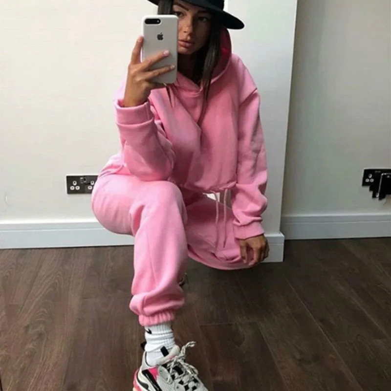 Winter Tracksuit Women Two Piece Set - Oversized Hoodie Sweatpants Solid Color Sportswear Suit |Casual Sweatshirt Trouser Set