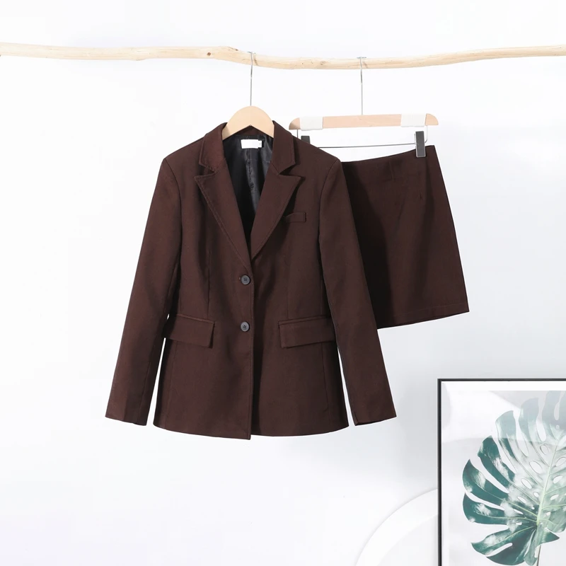 Elegant Lapel Blazer Skirt Set Women Casual Slim Long Sleeve Single Breasted Pocket Solid Mini Skirt 2025 Fashion Lady Outfit