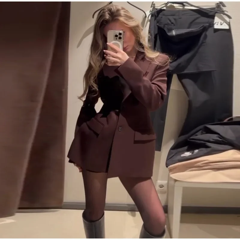 Elegant Lapel Blazer Skirt Set Women Casual Slim Long Sleeve Single Breasted Pocket Solid Mini Skirt 2025 Fashion Lady Outfit