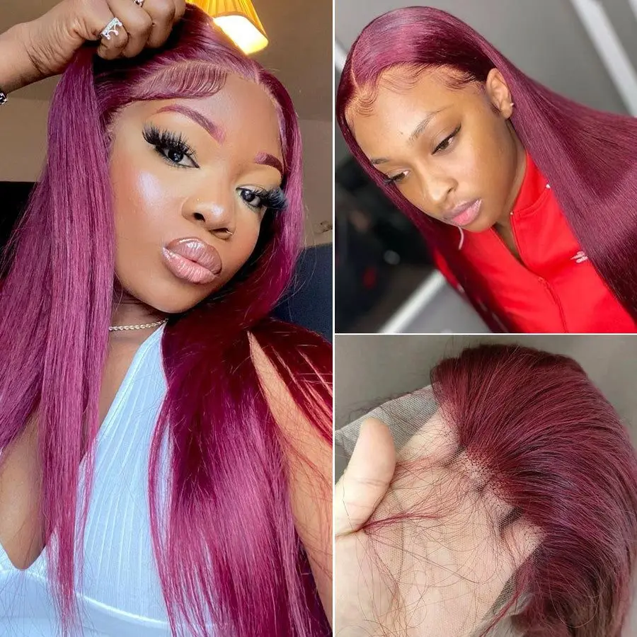 Burgundy Straight 13x6 HD Lace Frontal Wigs Human Hair 30 40 42 Inch 99j Red Colored 13x4 Transparent Lace Front Human Hair Wigs