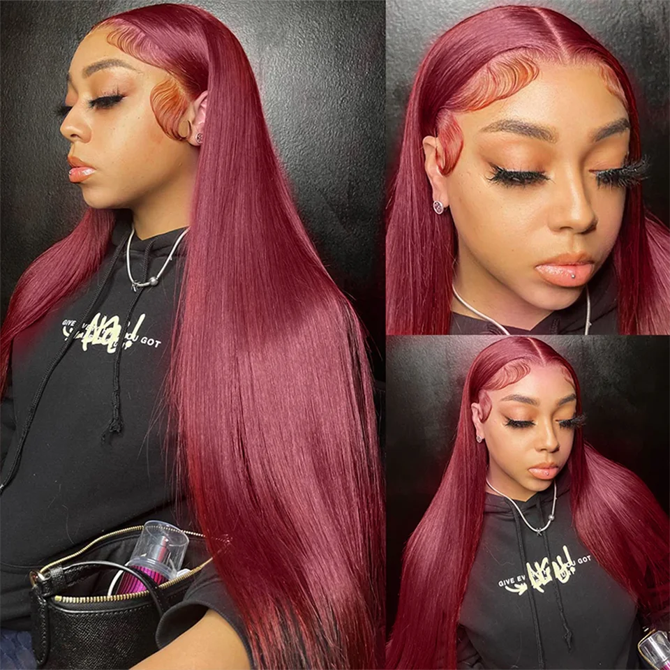 Burgundy Straight 13x6 HD Lace Frontal Wigs Human Hair 30 40 42 Inch 99j Red Colored 13x4 Transparent Lace Front Human Hair Wigs