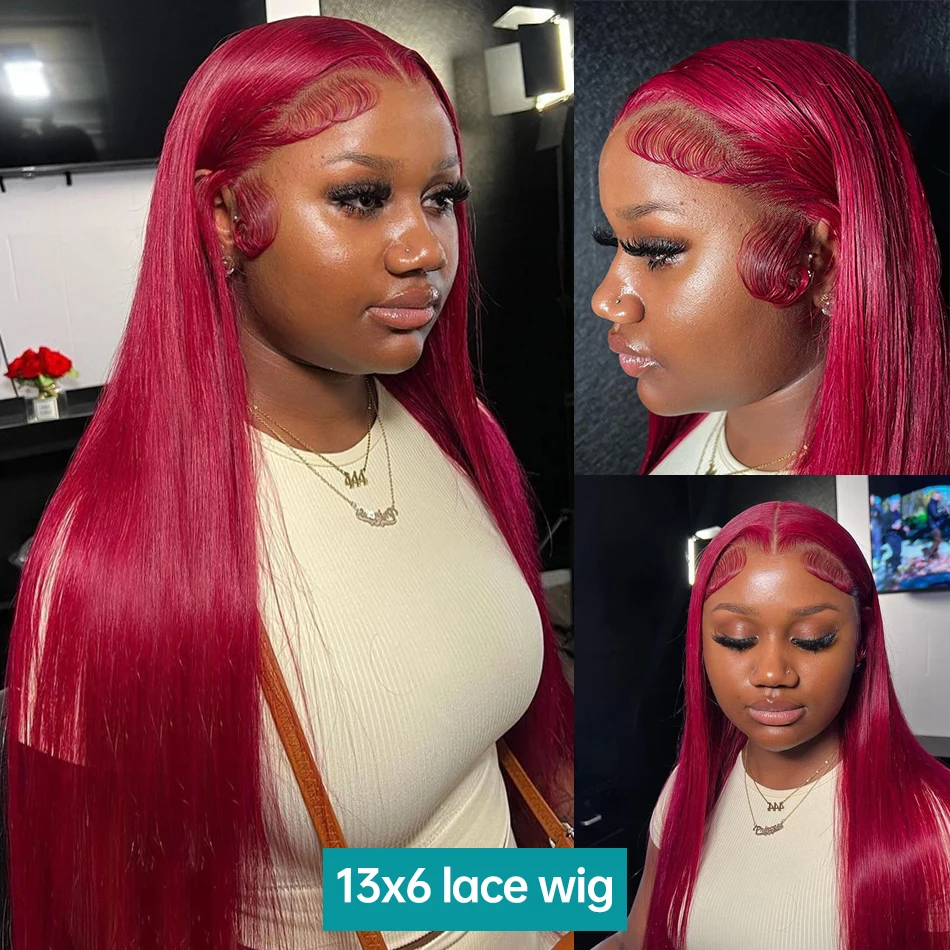 Burgundy Straight 13x6 HD Lace Frontal Wigs Human Hair 30 40 42 Inch 99j Red Colored 13x4 Transparent Lace Front Human Hair Wigs