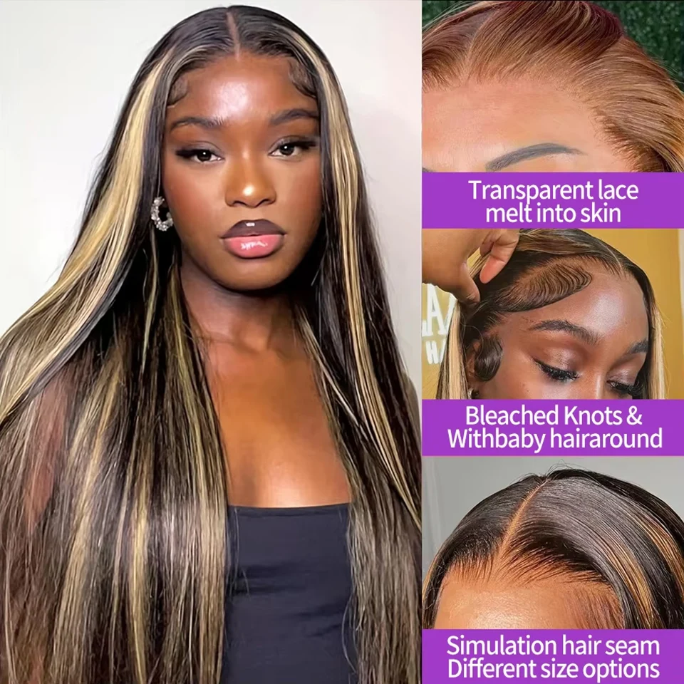 1B/27 Straight Highlight Wig Human Hair 30 Inch 13x4 HD Lace Frontal Wig 180 Density Colored Brazilian Hair Wig For Women