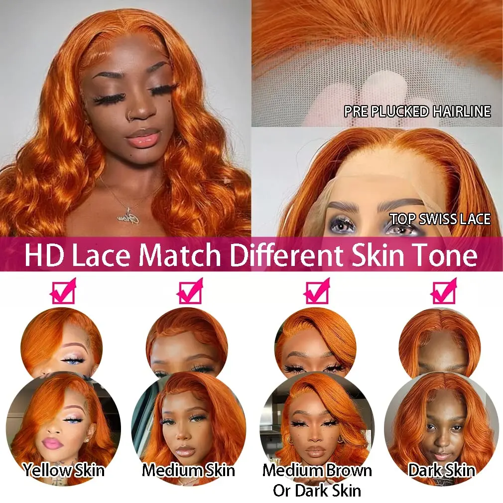 Colored Orange Ginger Lace Front Wigs Human Hair Body Wave 13x6 HD Lace Frontal Wig Loose Wave Brazilian Transparent Lace Wig