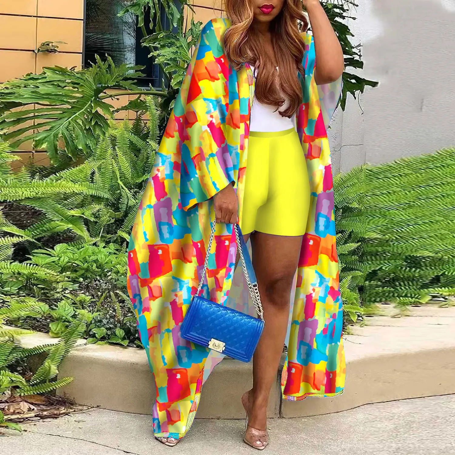 Fashionable Long-sleeved Long Cardigan Jacket + Shorts 2-piece Set For Women Spring Bohemian Printing Loose Vacation Suit Female