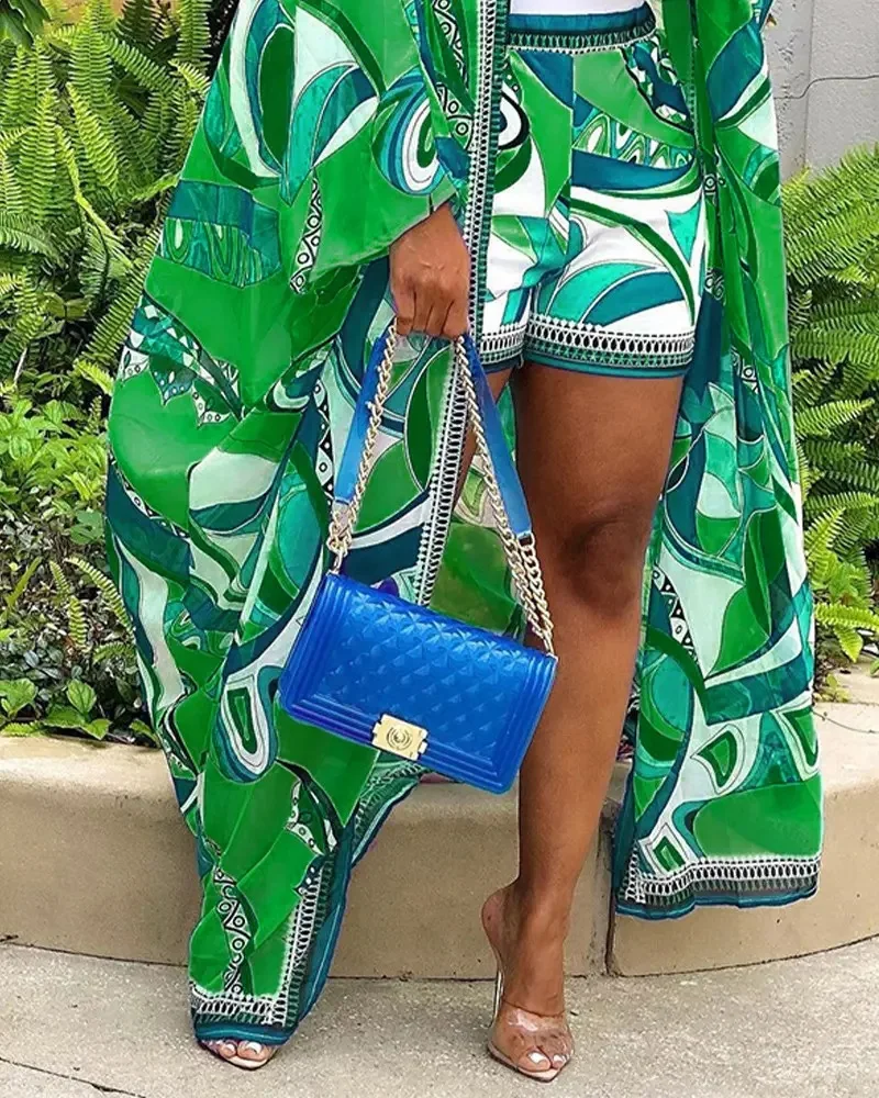 Fashionable Long-sleeved Long Cardigan Jacket + Shorts 2-piece Set For Women Spring Bohemian Printing Loose Vacation Suit Female