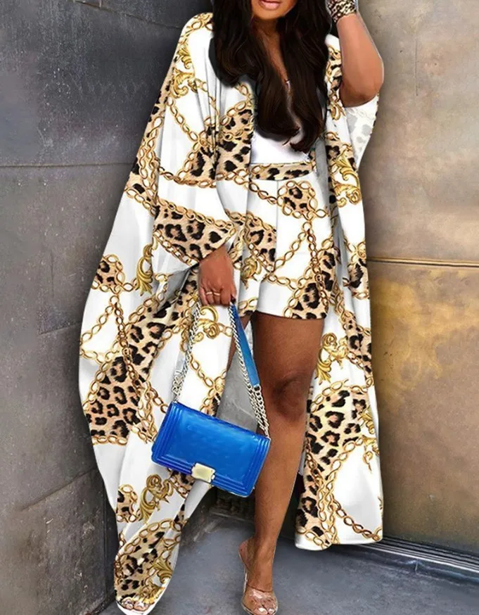 Fashionable Long-sleeved Long Cardigan Jacket + Shorts 2-piece Set For Women Spring Bohemian Printing Loose Vacation Suit Female