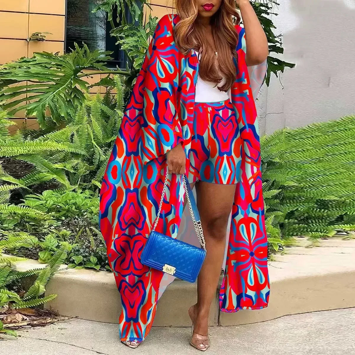 Fashionable Long-sleeved Long Cardigan Jacket + Shorts 2-piece Set For Women Spring Bohemian Printing Loose Vacation Suit Female