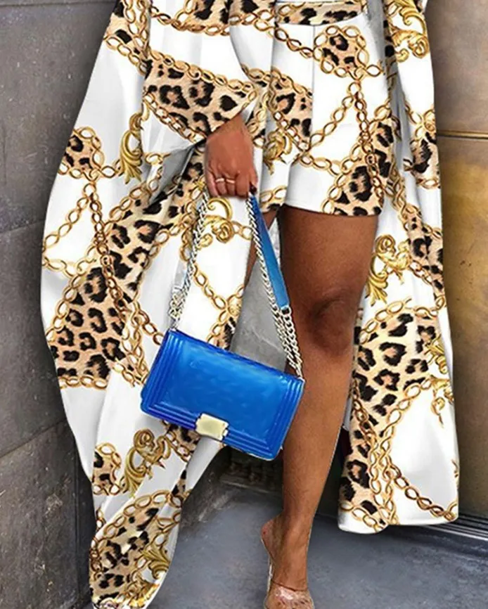 Fashionable Long-sleeved Long Cardigan Jacket + Shorts 2-piece Set For Women Spring Bohemian Printing Loose Vacation Suit Female