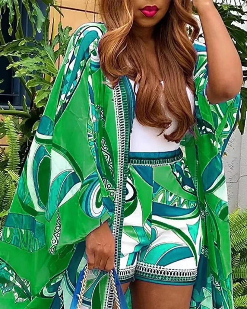 Fashionable Long-sleeved Long Cardigan Jacket + Shorts 2-piece Set For Women Spring Bohemian Printing Loose Vacation Suit Female