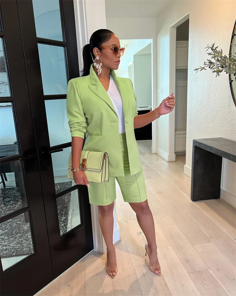 Solid Casual Two Piece Set for Women Matching Sets Outfits Long Sleeve Blazer Coat and Shorts Office Lady Elegant Business Suits