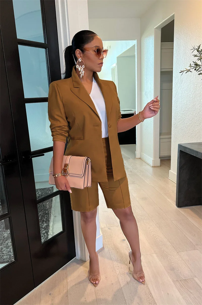 Solid Casual Two Piece Set for Women Matching Sets Outfits Long Sleeve Blazer Coat and Shorts Office Lady Elegant Business Suits