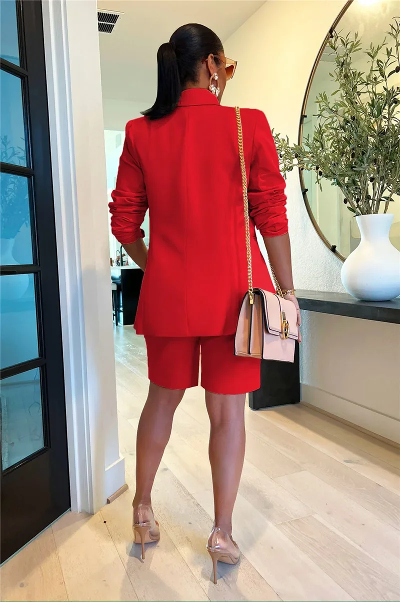 Solid Casual Two Piece Set for Women Matching Sets Outfits Long Sleeve Blazer Coat and Shorts Office Lady Elegant Business Suits