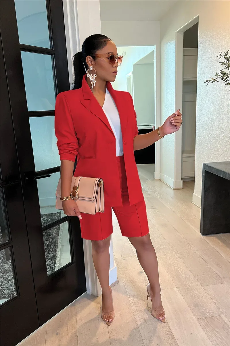 Solid Casual Two Piece Set for Women Matching Sets Outfits Long Sleeve Blazer Coat and Shorts Office Lady Elegant Business Suits